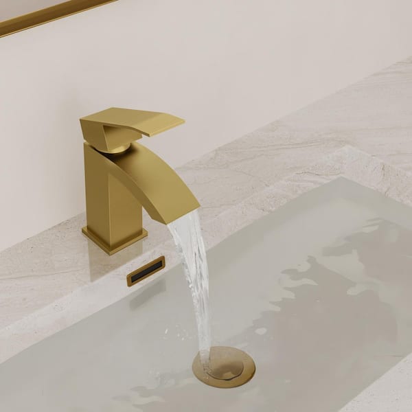 Modern Single-Handle Single Hole Waterfall Bathroom Sink Faucet with Pop-Up Drain in Brushed Gold