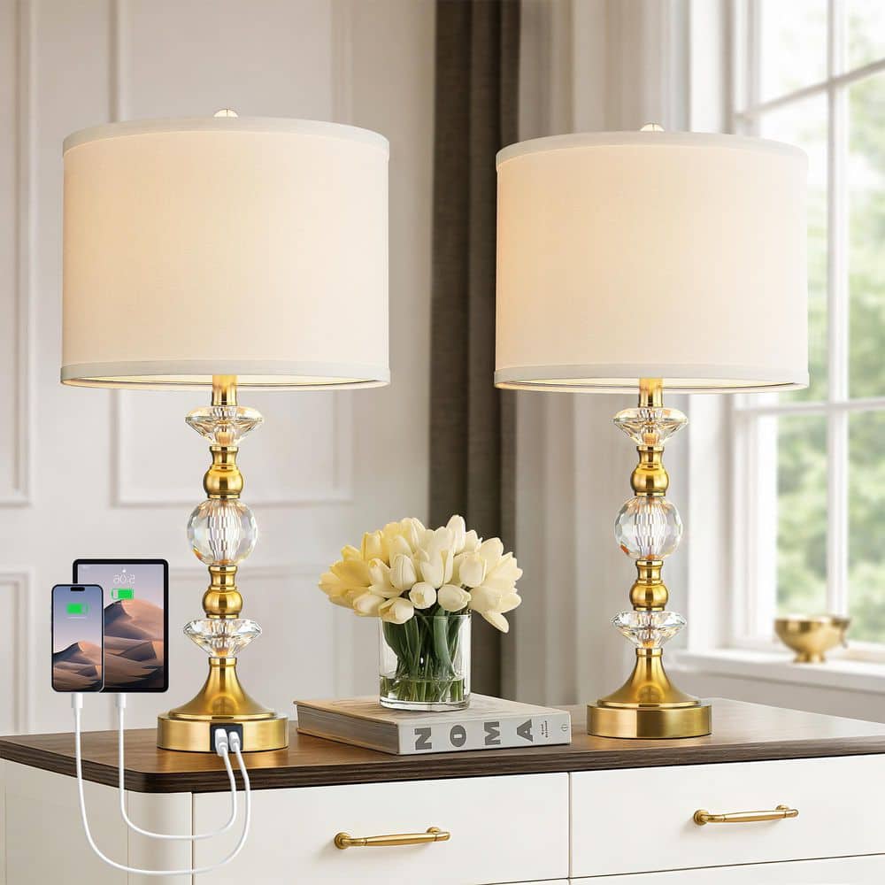 25.5 in. Gold Modern Dimmable Crystal Bedroom Living Room Bedside Desk Nightstand Table Lamps USB Port Set of 2 price history on PriceWatchPro