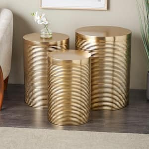 18 in. Gold Metallic Ribbed Drum Large Round Metal End Table (3- Pieces)
