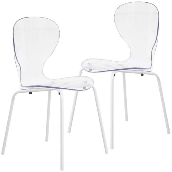 Leisuremod Oyster Transparent Dining Chair Stackable Curved Back With Stainless Steel White Legs Set of 2