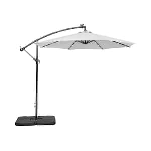 Bayshore 10 ft. Outdoor Patio Crank Lift LED Solar Powered Cantilever Umbrella with 4-Piece Base Weights in White