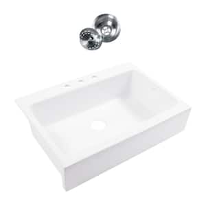 Josephine 34 in. 3-Hole Quick-Fit Farmhouse Apron Front Drop-in Single Bowl Crisp White Fireclay Kitchen Sink with Drain