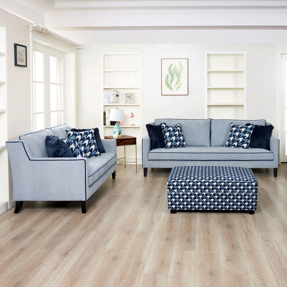 Doreen 3-Piece Gray and Blue Polyester Upholstered Living Room Set w/Ottoman, Reversible Back Pillows and Seat Cushions