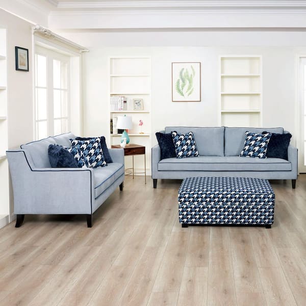 Furniture of America Doreen 3-Piece Gray and Blue Polyester Upholstered Living Room Set w/Ottoman, Reversible Back Pillows and Seat Cushions