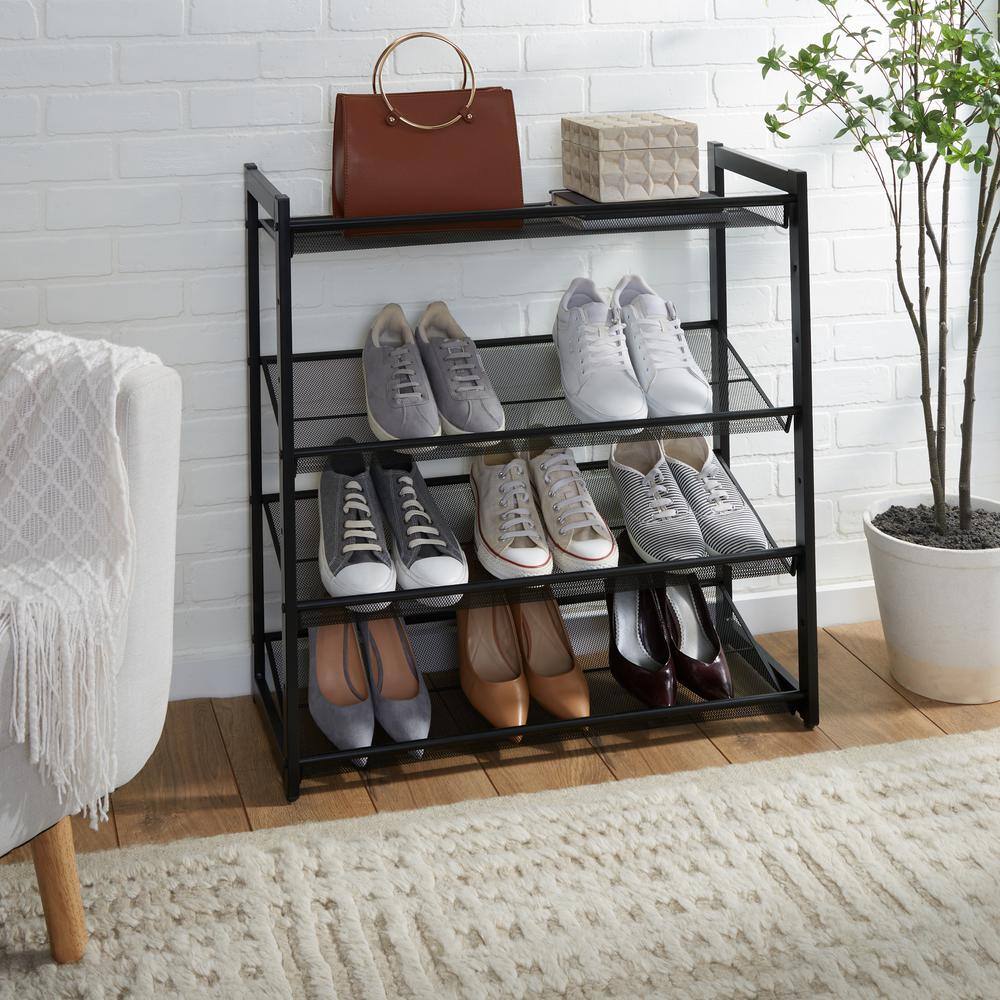 Black Metal 4-Tier Stackable Mesh Shoe Rack