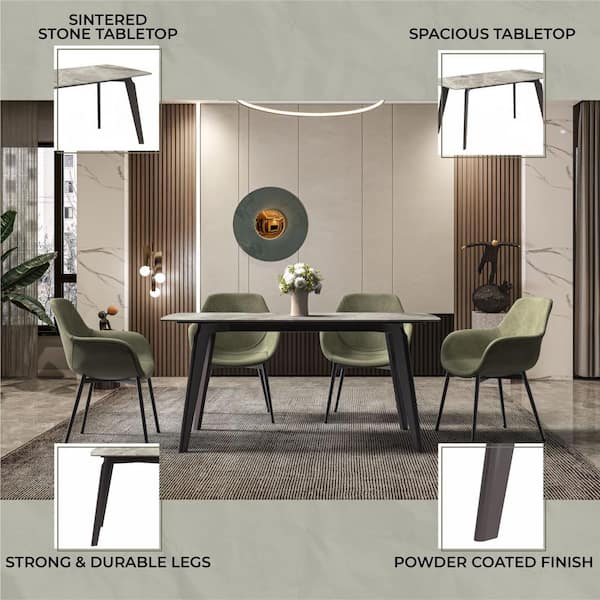 Krevor Series Modern Deep Grey Stone Rectangular Tabletop 71 in. in 4 Legs Black Steel Dining Table Seats 8
