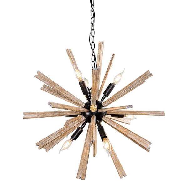 Flint Garden Rustic 9-Light Antique Black Candlestick Hanging Sputnik Chandelier with Natural Wood Bursts