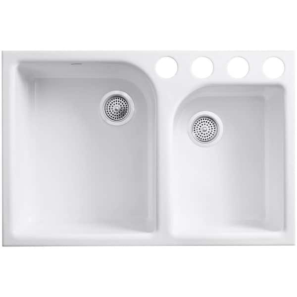 Executive Chef Undermount Cast Iron 33 in. 4-Hole Double Basin Kitchen Sink in White with Basin Rack