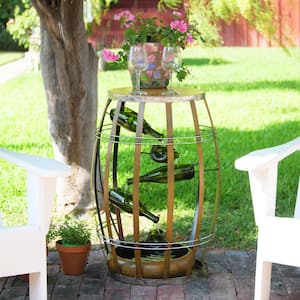 31 in. Tall Indoor Metal Wine Barrel Table Fountain with Tiered Glass Bottles