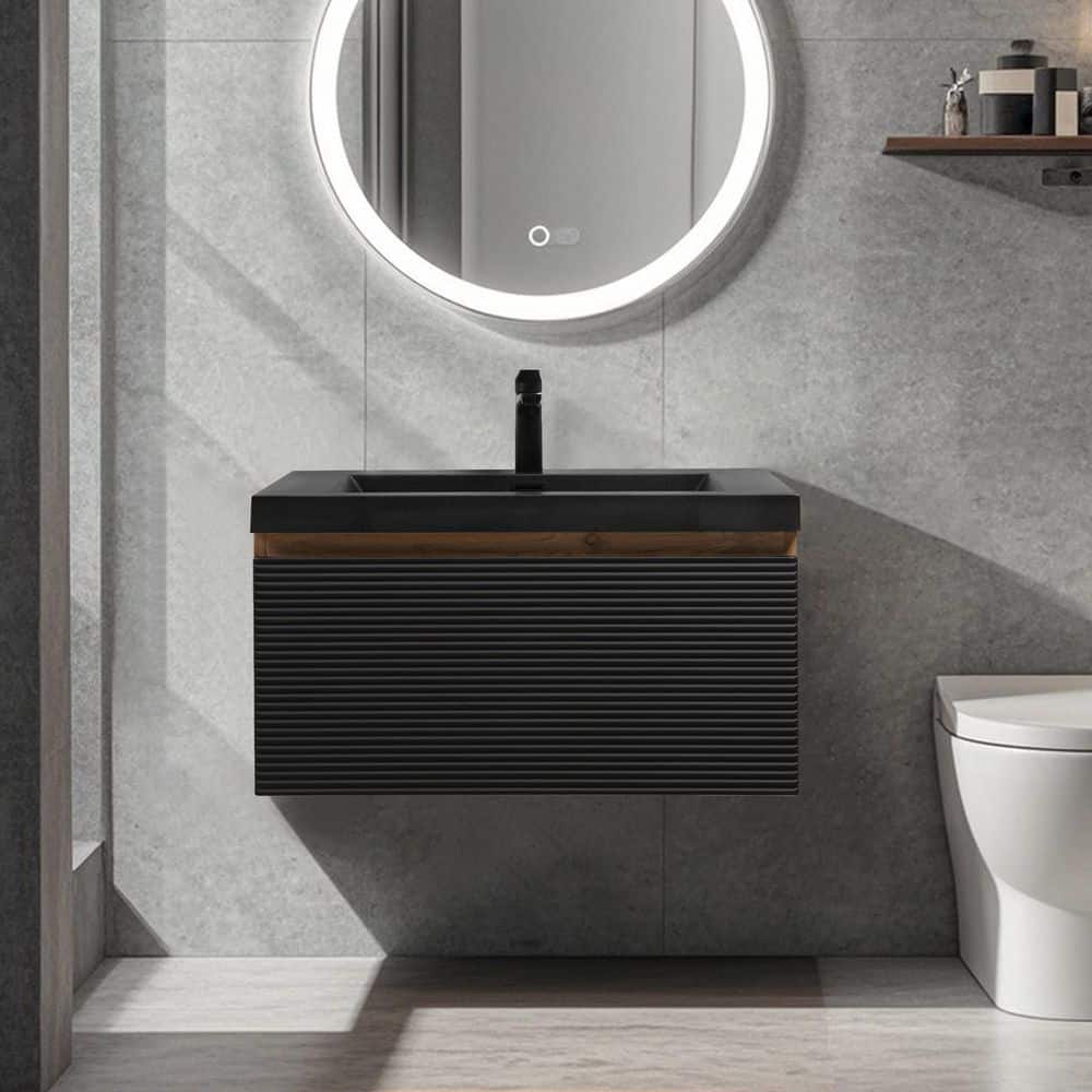 30 in. Wall-Mounted Floating Bath Vanity with Single Black Quartz Sink Top in Natural Oak and Black Assembled price history on PriceWatchPro