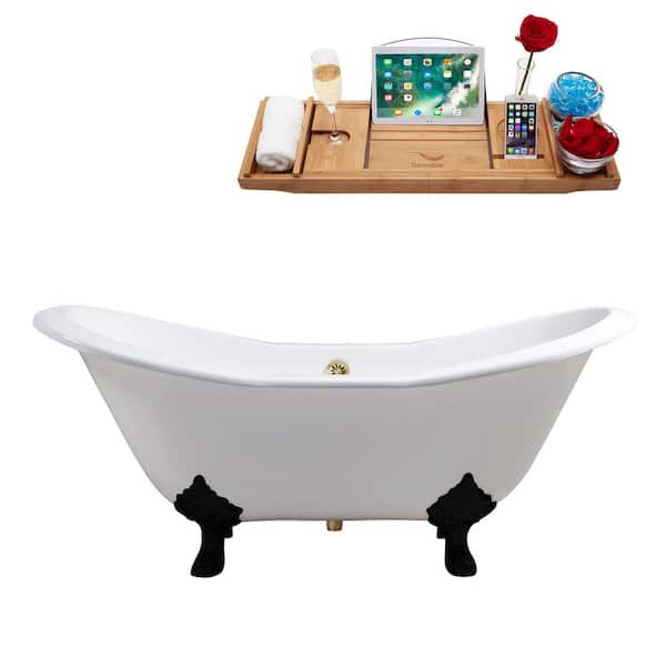 Streamline 72 in. x 31 in. Cast Iron Clawfoot Soaking Bathtub in Glossy White with Matte Black Clawfeet and Polished Gold Drain
