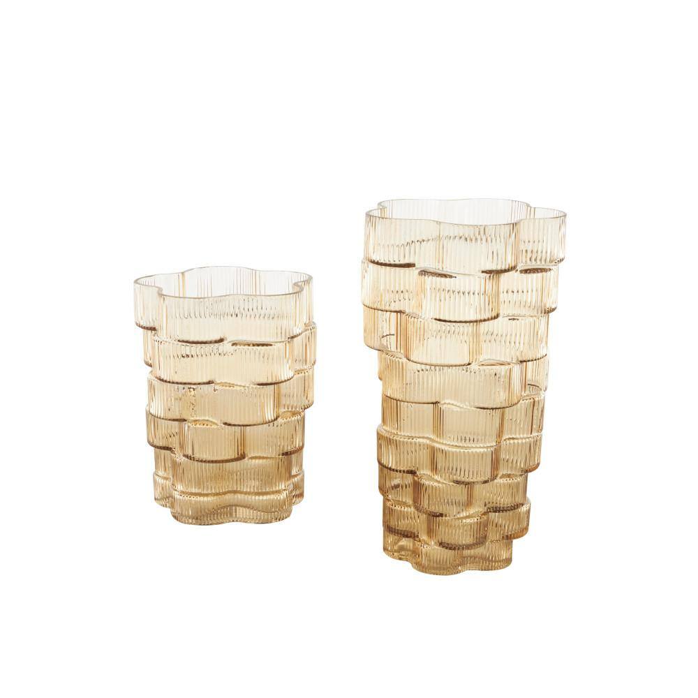 Brown Ribbed Glass Round Table Vase Set