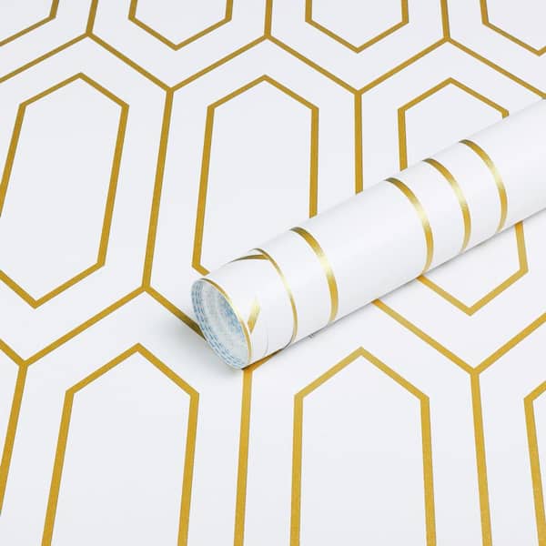 White and Gold Geometric Self-Adhesive Peel and Stick Removable Vinyl Contact Paper Wallpaper Roll