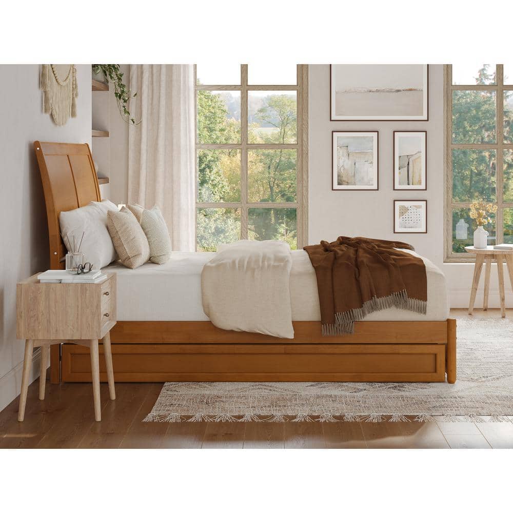 Light Toffee Queen Wood Platform Bed with Trundle and Headboard