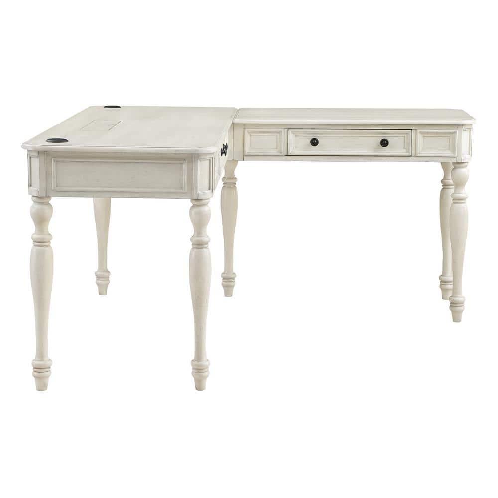 Antique White L-Shaped Wood Desk with USB Ports and Drawers