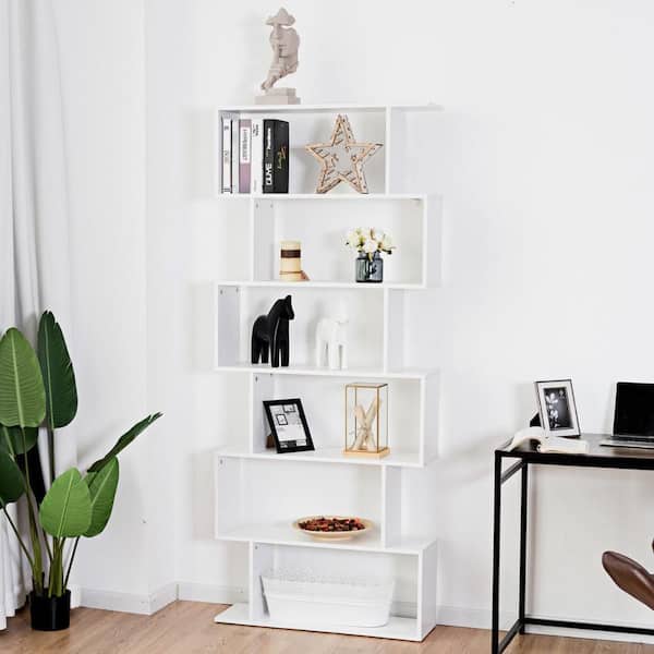 6-Tier S-Shaped 75.5 in. Tall White Wood Bookcase Z-Shelf Style Storage Display Modern Bookshelf White