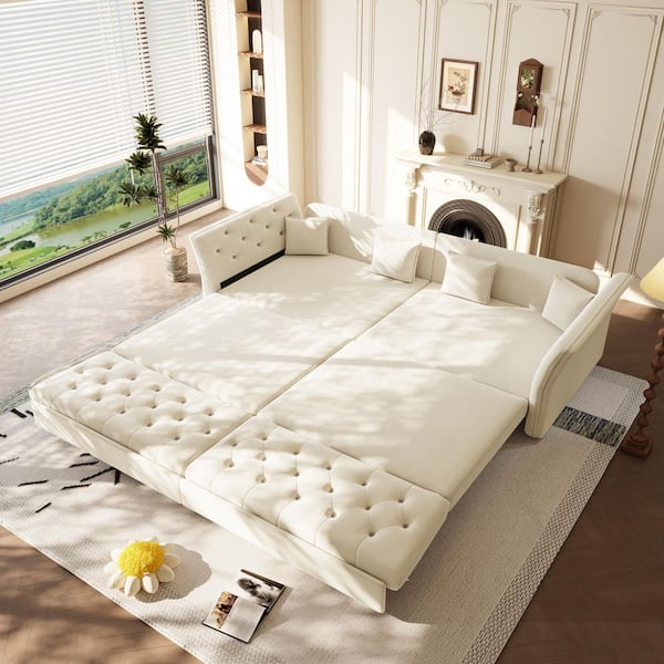 Flower-Tufted Convertible 100 in. Beige Velvet King Size Pull out Sofa Bed with 4 Pillows