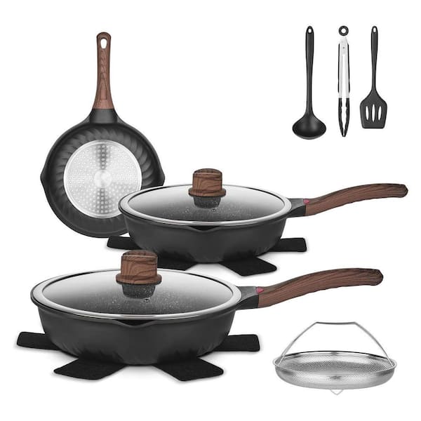 12-Piece Gray Nonstick Aluminum Induction Cookware Set with Stay-Cool Handles, Glass Lids, Utensils, Protectors