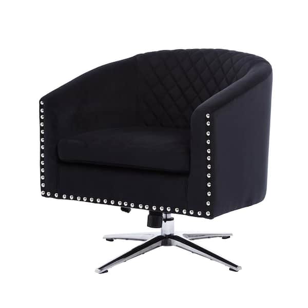 Spaco Black Velvet Modern Living Room Swivel Barrel Chair with Nailheads and Metal Base (Set of 1)
