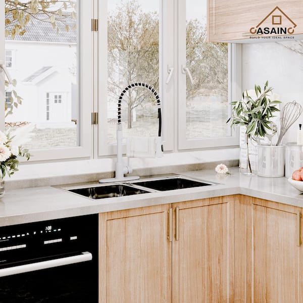 Single Handle Spring Standard Kitchen Faucet with Dual-Function Sprayhead and Deck Plate, in Matte White