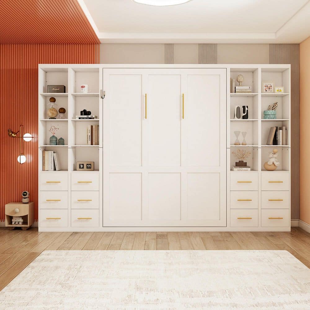Modern White Wood Frame Queen Murphy Bed with Cabinets, Drawers and Open Shelves