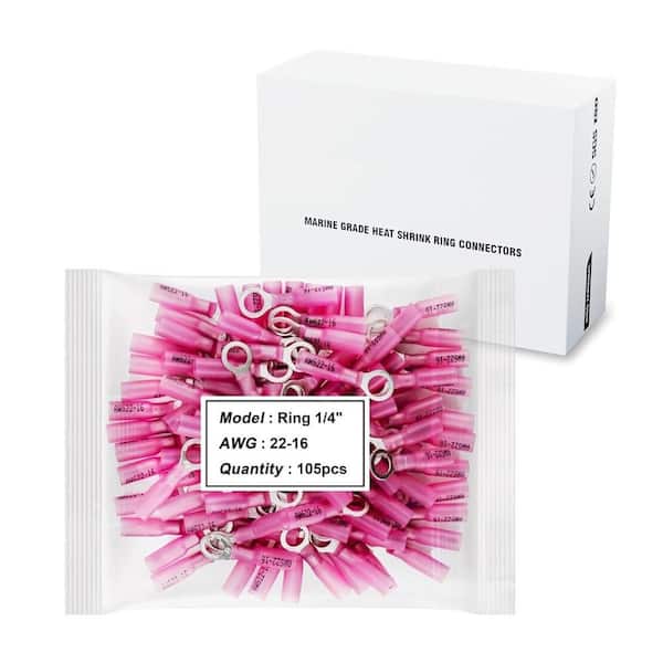 105 Pcs 22-16 AWG-1/4" Heat Shrink Ring Terminals 0. 7mm Tinned Pure-Copper Marine Grade Heat Shrink Wire Connectors Red