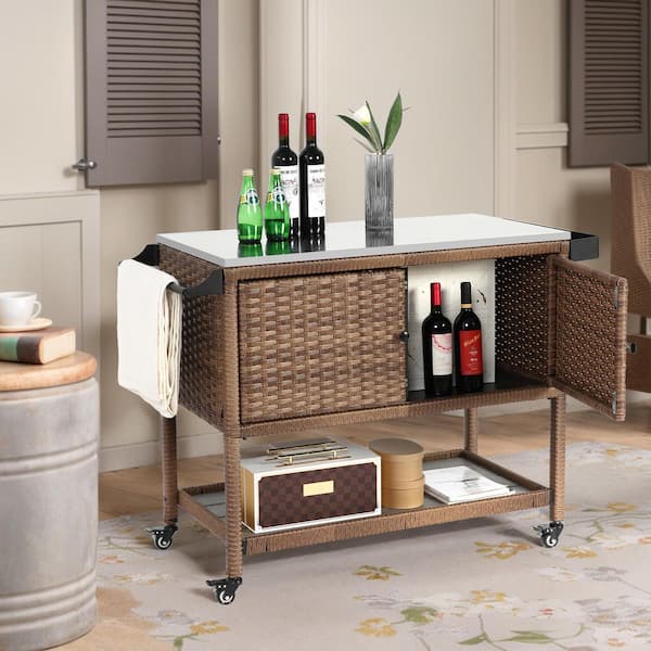 Unbranded Wicker Outdoor Bar Serving Cart, Kitchen Cart and Storage Cabinet, Stainless Steel Table Top with Wheels, Brown