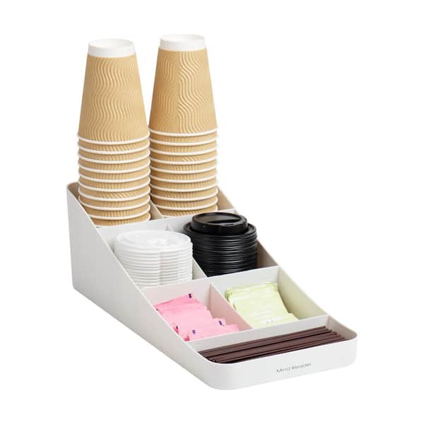 Mind Reader Cup and Condiment Station, Countertop Organizer, Coffee Bar, Stirrers, 7.25 in. L x 15.5 in. W x 5.25 in. H, White