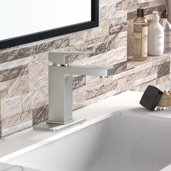 Brushed Nickel Single Hole Single Handle Bathroom Faucet with Deck Plate and Water Supply Hoses