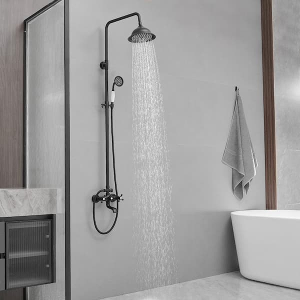 3-Spray Wall Slid Bar Round Rain Shower Faucet with Hand Shower 2 Cross Handles in Matte Black (Valve Included)