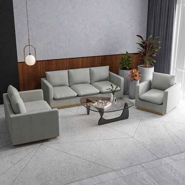 3-Piece Sofa Set Upholstered in Velvet with Gold Stainless Steel Base and Removable Cushions in Light Grey
