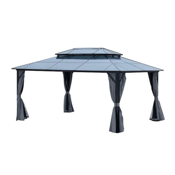 12 ft. x 16 ft. Outdoor Grey Aluminum Hardtop Gazebo with Resin Double Roof with Curtain and Netting