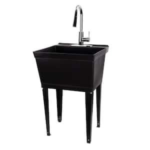 Complete 22.875 in. x 23.5 in. Black 19 Gal. Utility Sink Set with Metal Hybrid Chrome High Arc Pull-Down Faucet