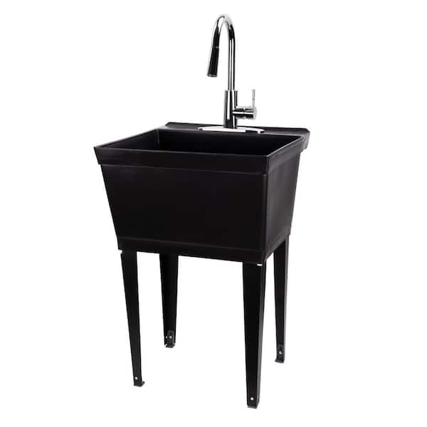 TEHILA Complete 22.875 in. x 23.5 in. Black 19 Gal. Utility Sink Set with Metal Hybrid Chrome High Arc Pull-Down Faucet