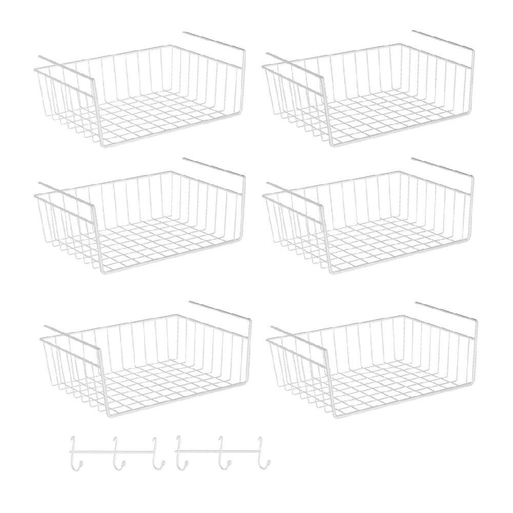 6-Pack Under Basket Shelf with 6 Hooks and Hanging Storage Organizer for Kitchen, Bathroom and Office, White