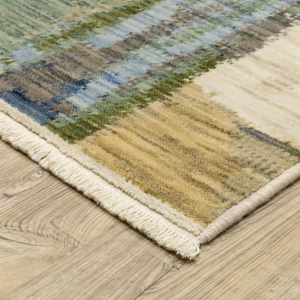 5' X 8' Blue And Green Striped Distressed Area Rug
