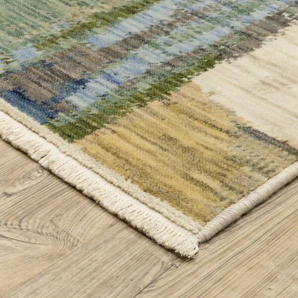 5' X 8' Blue And Green Striped Distressed Area Rug