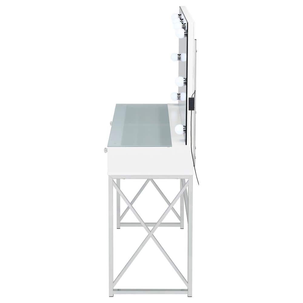 White and Chrome Vanity Set with Lighted Mirror and Bench