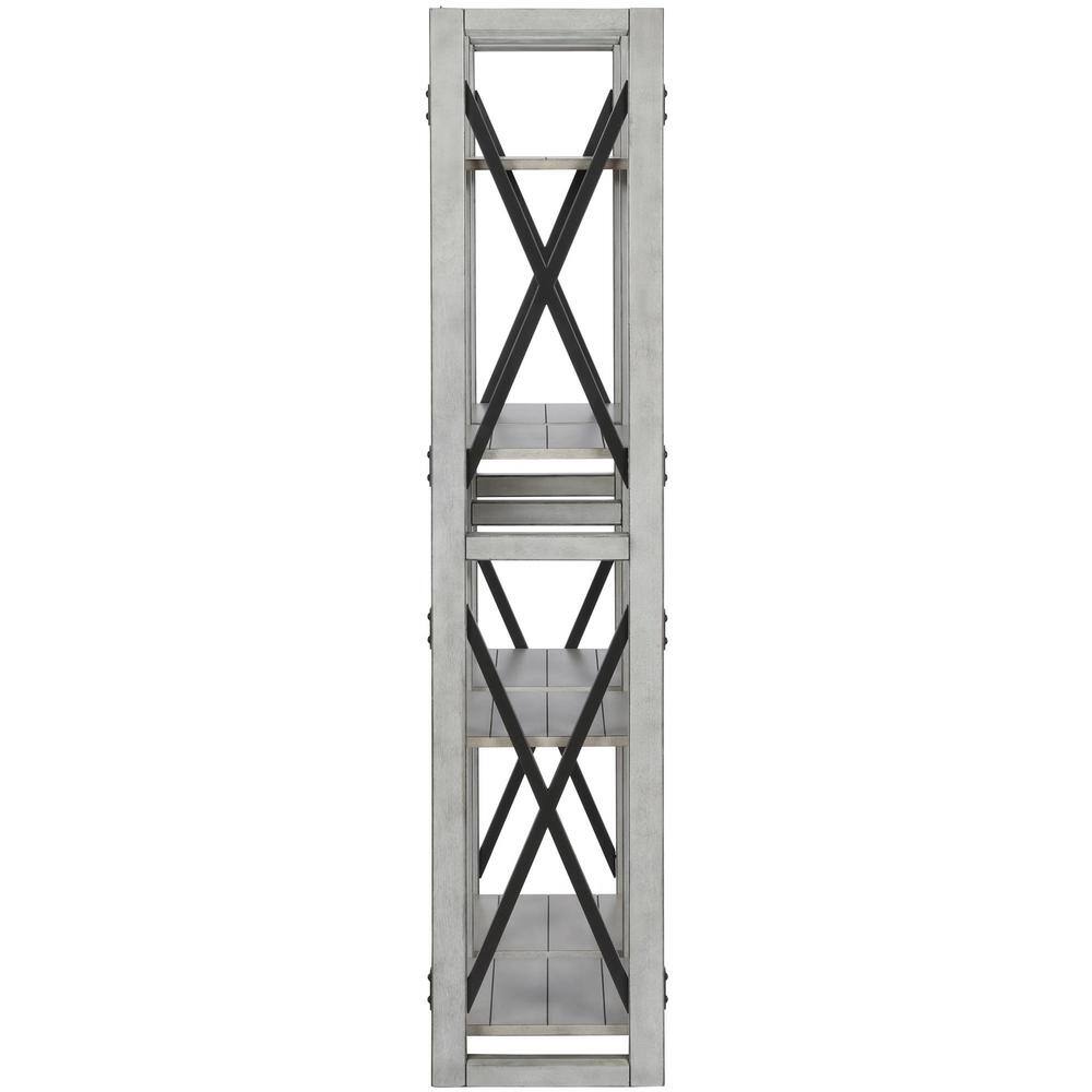 Side view of rustic white etagere bookcase