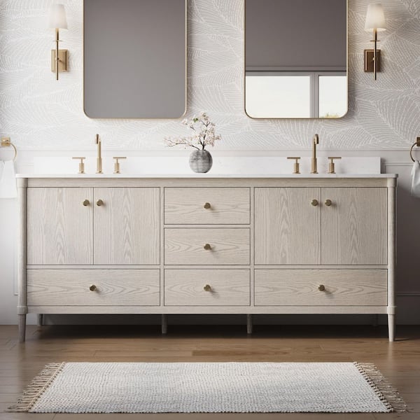 ETHAN 80 in. W Freestanding Solid Wood Bath Vanity in Oak with White Quartz Top, Soft Close, Assembled