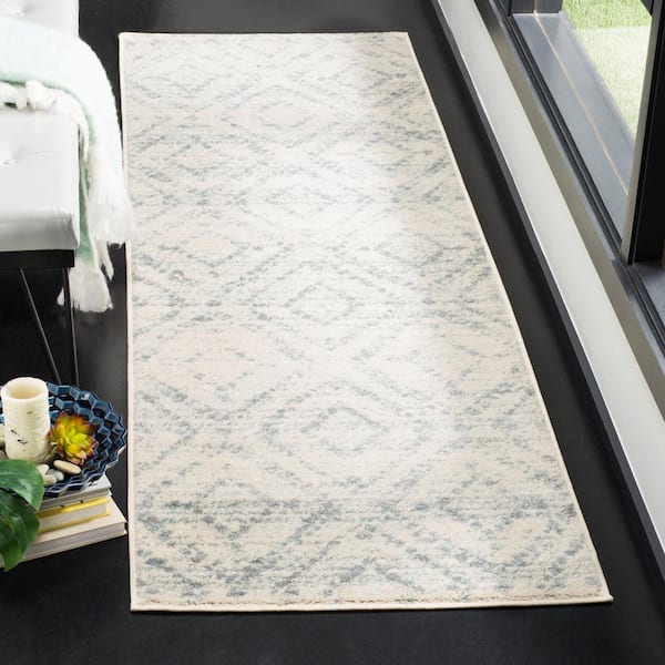 Adirondack Ivory/Light Blue 3 ft. x 14 ft. Geometric Runner Rug