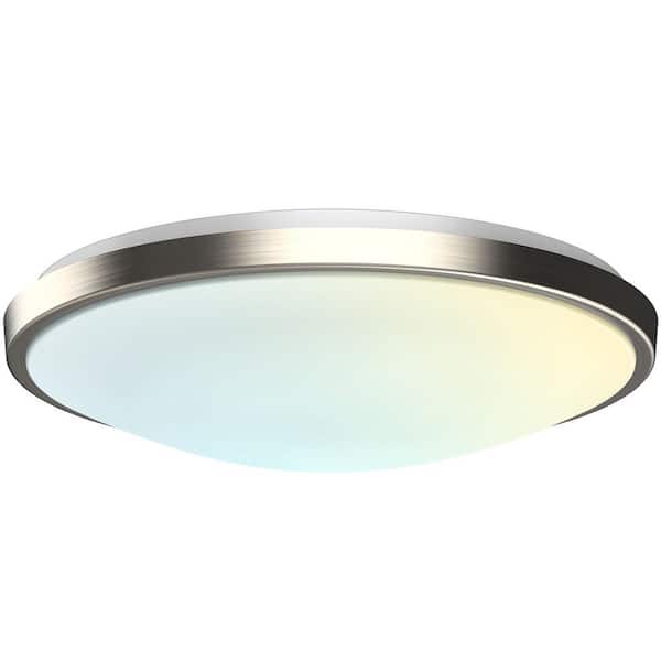 LUXRITE 15 in. Selectable LED Flush Mount Light with Motion Sensor 5CCT 2700K-5000K 24-Watt 1800 Lumens Brushed Nickel