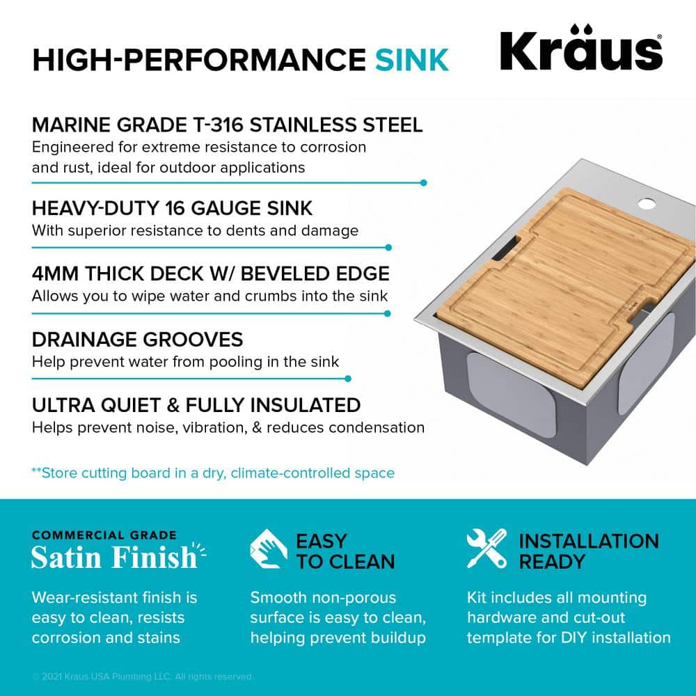 Kore 15" Stainless Steel Outdoor Workstation Sink with Bamboo Cutting Board