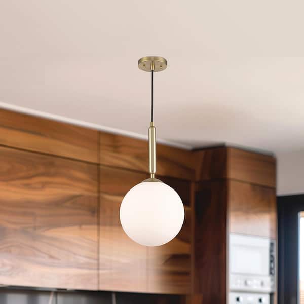10 in. 1-Light Gold Hanging Mini Pendant Light Fixture with Opal Glass Globe Shade