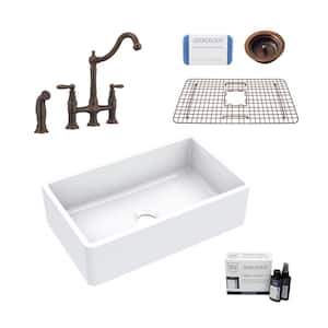 Turner All-in-One Fireclay 30 in. Single Bowl Farmhouse Kitchen Sink with Pfister Bronze Faucet and Strainer