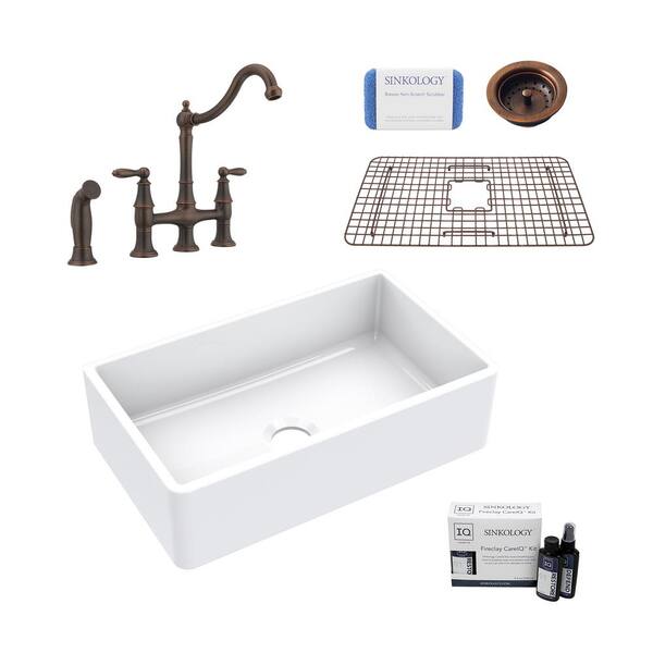 SINKOLOGY Turner All-in-One Fireclay 30 in. Single Bowl Farmhouse Kitchen Sink with Pfister Bronze Faucet and Strainer