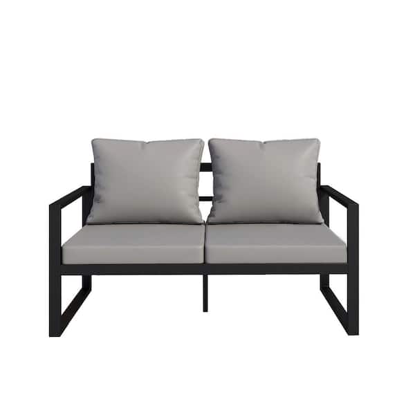 Unbranded SERGA Metal Patio Outdoor 2-Seat Sofa Loveseat with Gray Cushions