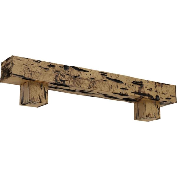 Ekena Millwork 4 in. x 4 in. x 7 ft. Pecky Cypress Faux Wood Fireplace Mantel Kit with Alamo Corbels, Natural Golden Oak