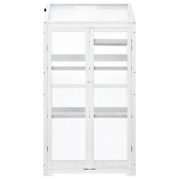 Zeus & Ruta 31.5 in. W x 62 in. H White Wood Greenhouse Balcony Cold Frame with Wheels and Adjustable Shelves for Outdoor Indoor Use