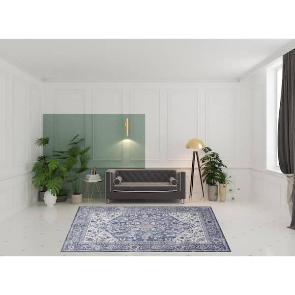 8' X 10' Gray Ivory and Blue Floral Distressed Washable Area Rug